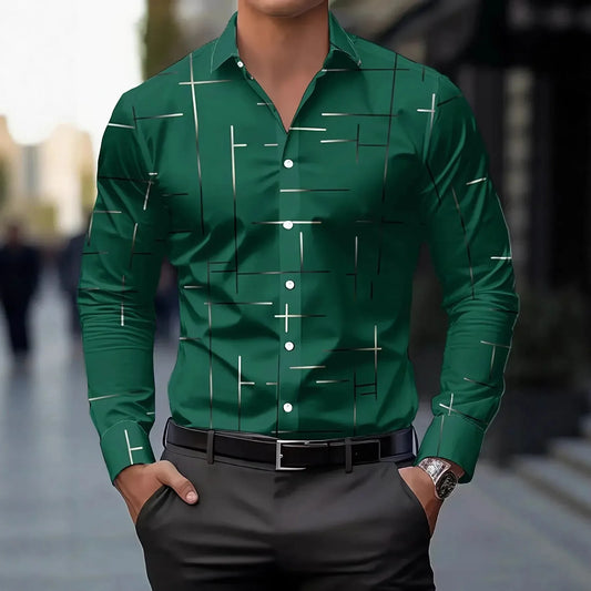 3D Print Line Pattern Shirt - Stand Collar
