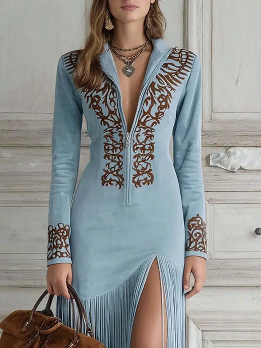 Embroidered Blue Dress - Floor Length with High Slit