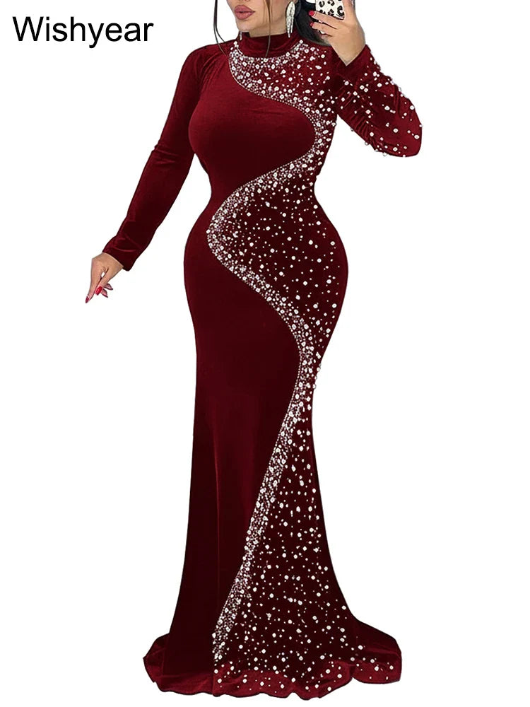 Luxury Diamond Embellished Mermaid Gown - Long Sleeve Evening Dress