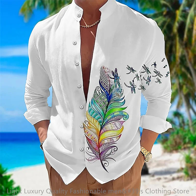 3D Floral Print Shirt - Long Sleeve Mandarin Collar