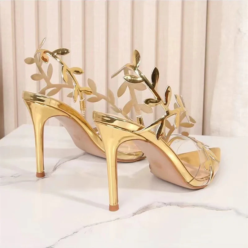 Gold Leaf Leather Gladiator Sandals - Pointed Toe High Heels
