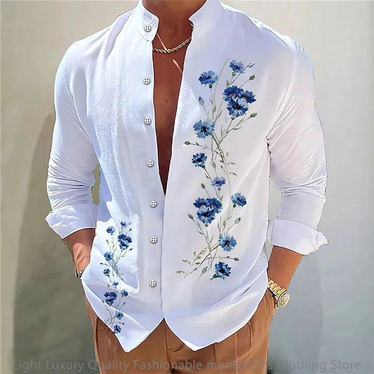 3D Floral Print Shirt - Long Sleeve Mandarin Collar