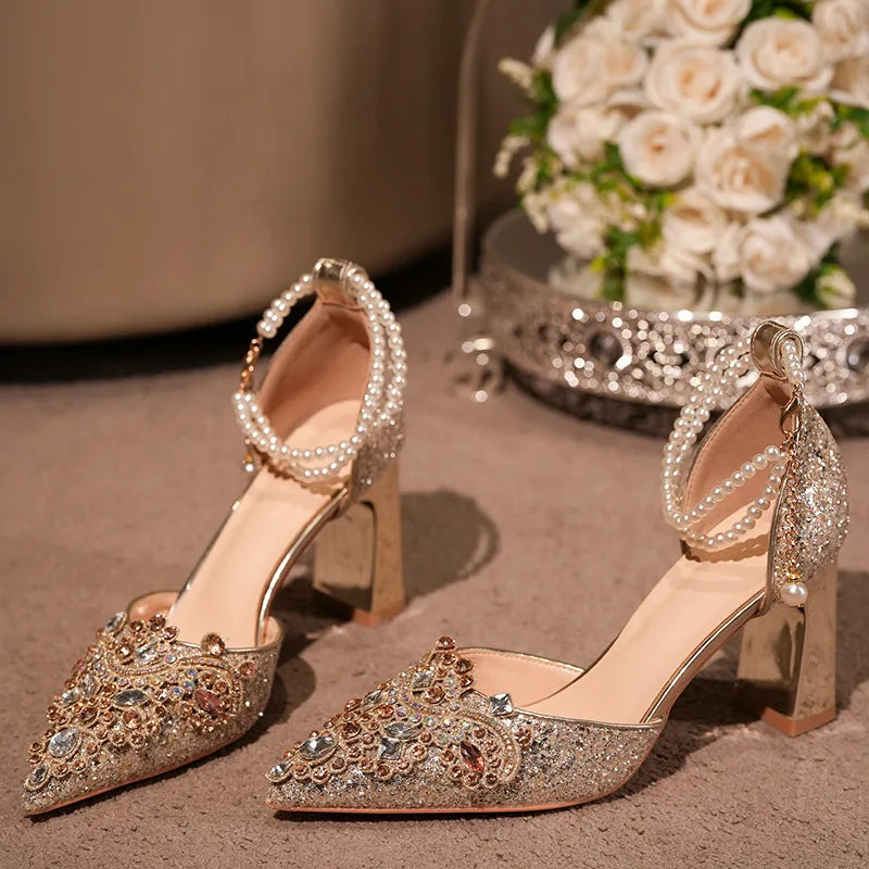 Golden Crystal Wedding Stilettos - Rhinestone Ankle Strap Heels
