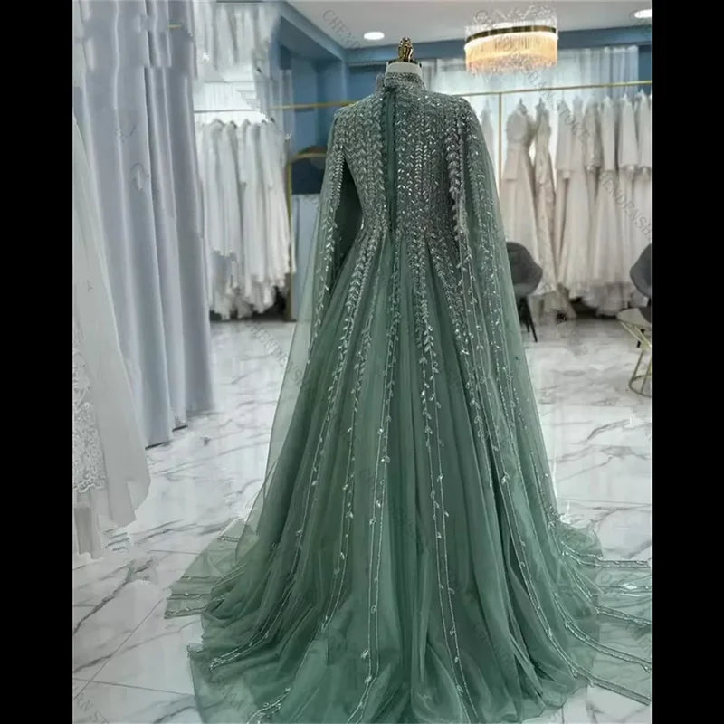 Sage Green Caftan Evening Formal Dresses with Cape Wrap Silver Applique Gillter Customsized Saudi Arabic Prom Gown