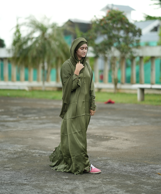 Olive Green Modest Fashion Set - Laser Cut Tunic with Palazzo Pants & Hijab