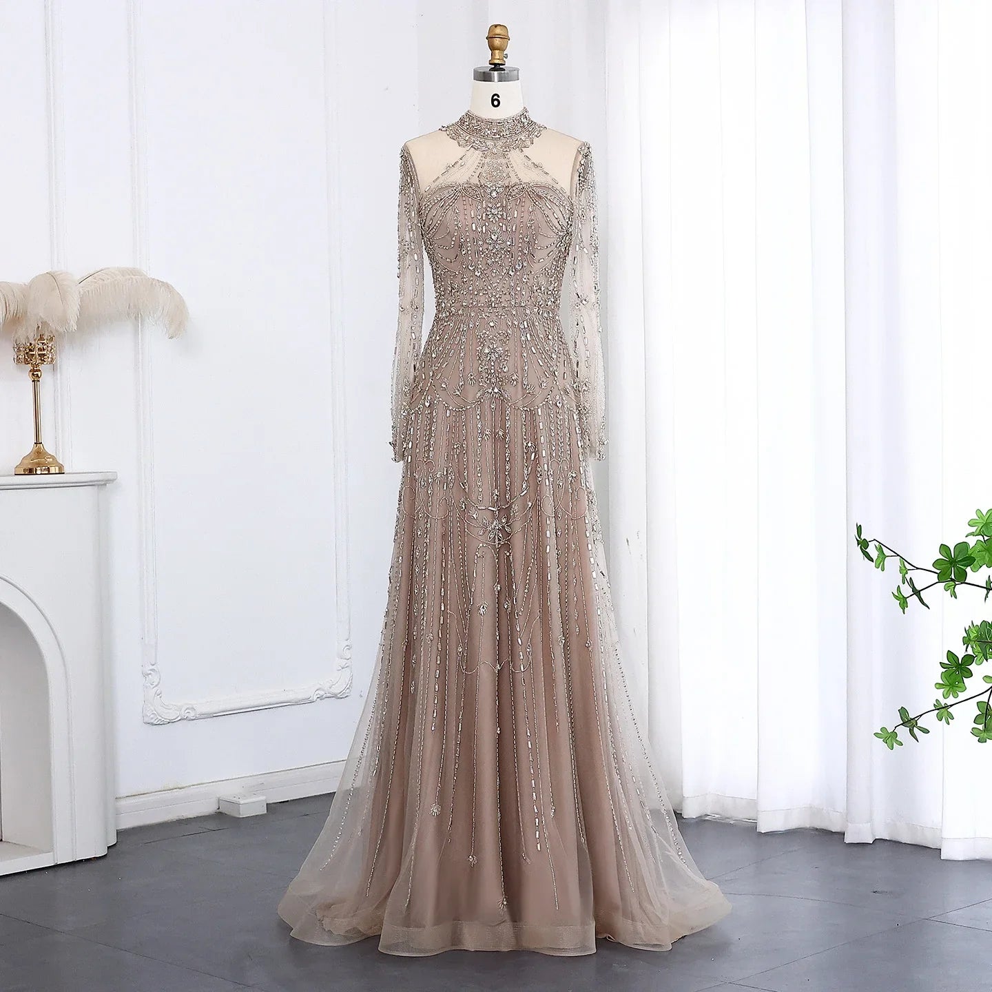 Beaded Evening Dress - Long Sleeve High Neck Gown