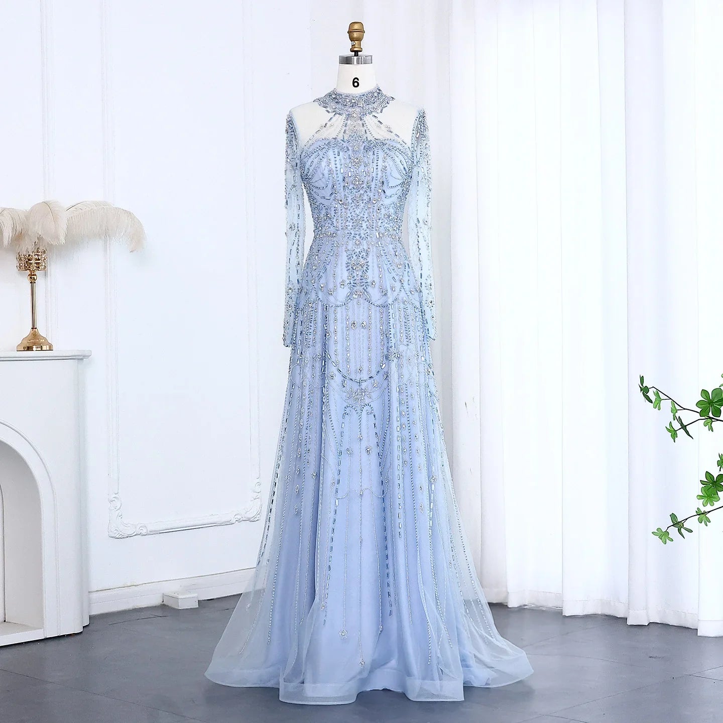 Beaded Evening Dress - Long Sleeve High Neck Gown
