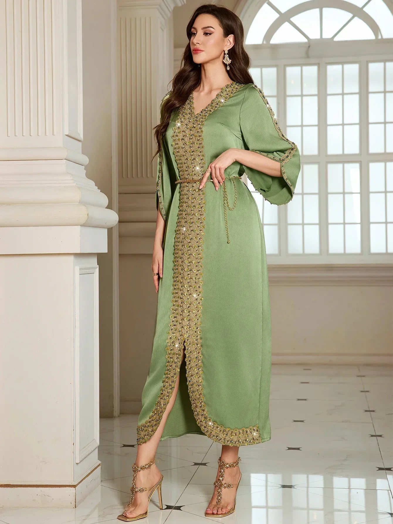 Beaded Diamond Abaya - Lace Jalabiya Dress