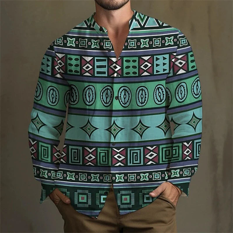 Men's Color Block Shirt - Long Sleeve Lapel Button Down
