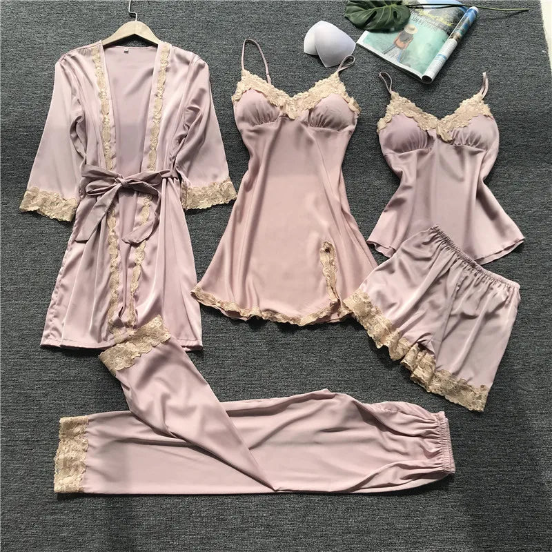Lace 5PCS Sleepwear Nightgown Sets Bride Kimono Bathrobe Gown Satin Lady Nighty&Robe Sleep Suit Sexy Home Clothes Wedding Robe