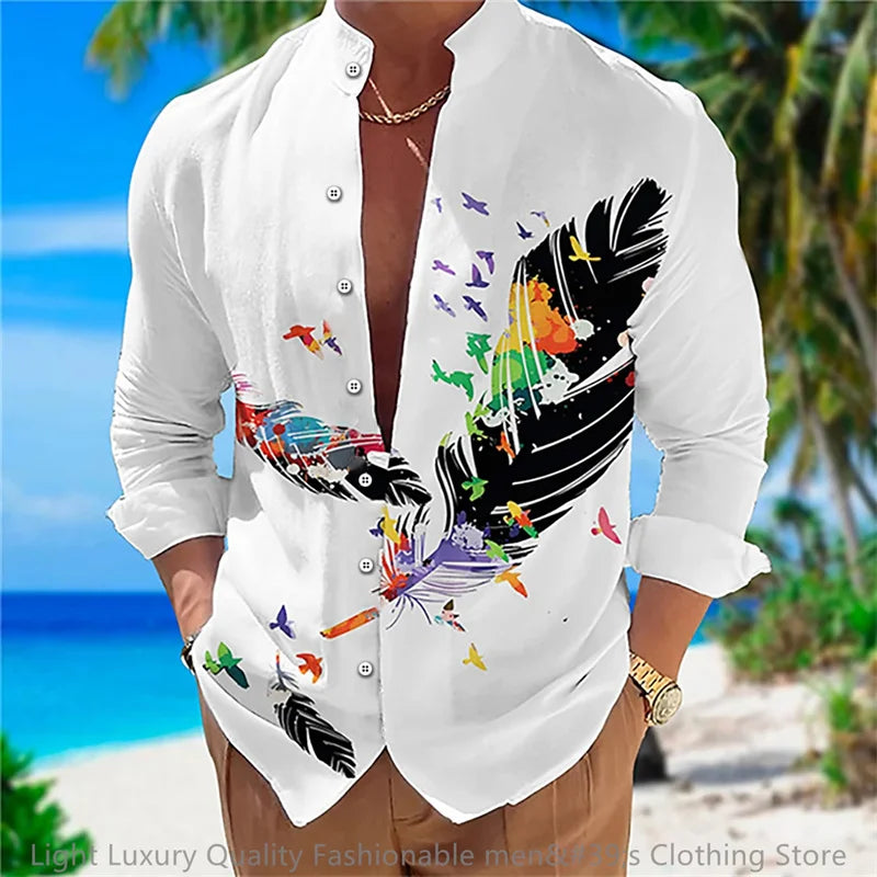 3D Floral Print Shirt - Long Sleeve Mandarin Collar