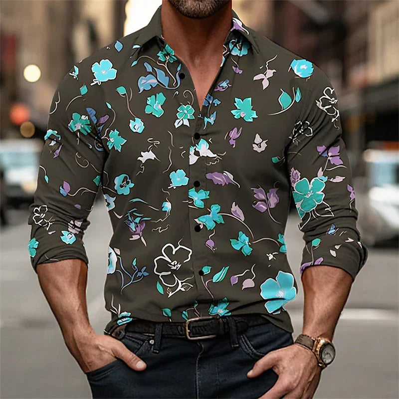 Men's Color Block Shirt - Long Sleeve Lapel Button Down