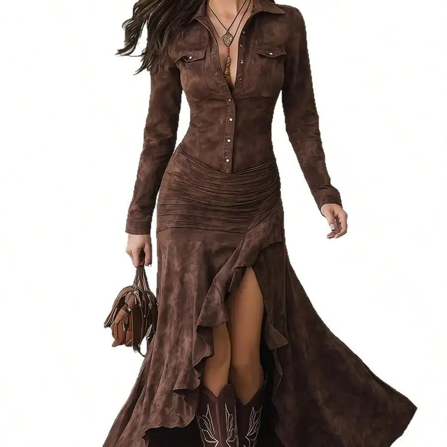 Suede Maxi Dress - Button Front with High Slit