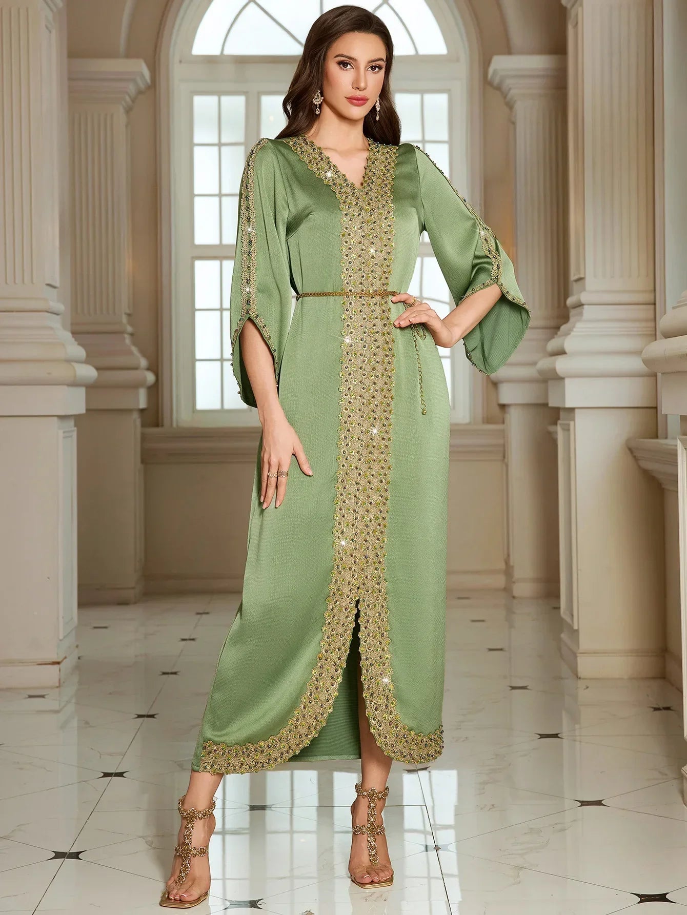 Beaded Diamond Abaya - Lace Jalabiya Dress