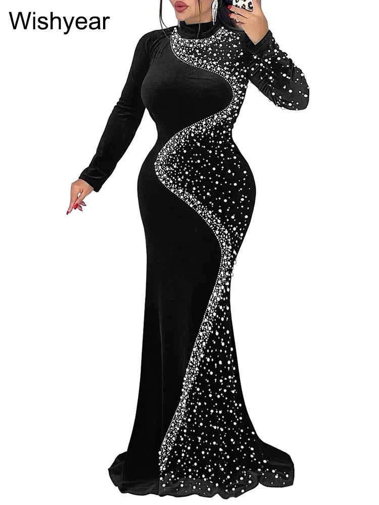 Luxury Diamond Embellished Mermaid Gown - Long Sleeve Evening Dress