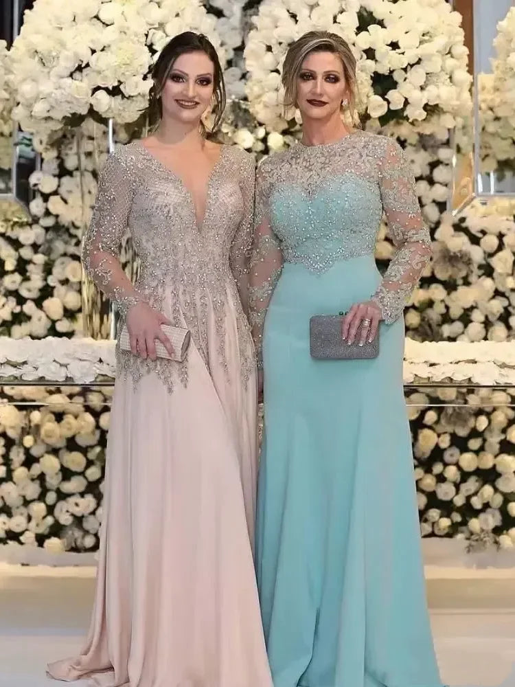 Sparkling Sequin Elegant Evening Gown Long Sleeved Beaded Crystal Bridal Gown Formal Ball Gown Customized