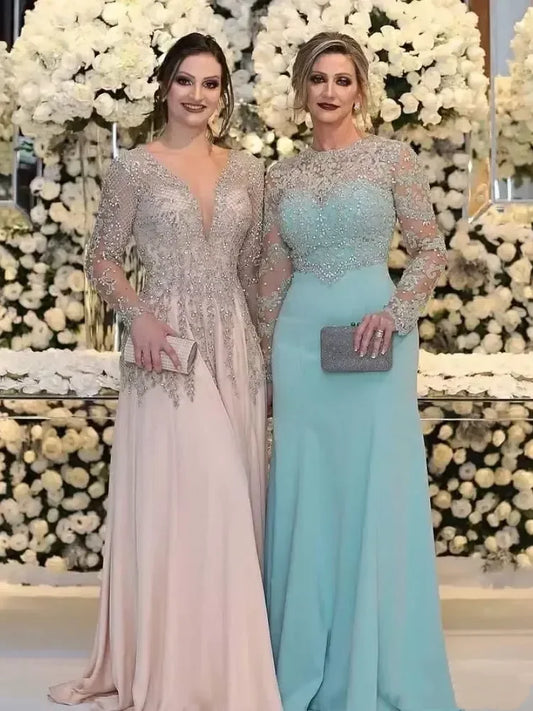 Sparkling Sequin Elegant Evening Gown Long Sleeved Beaded Crystal Bridal Gown Formal Ball Gown Customized