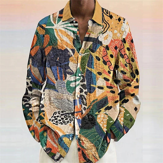 Men's Color Block Shirt - Long Sleeve Lapel Button Down