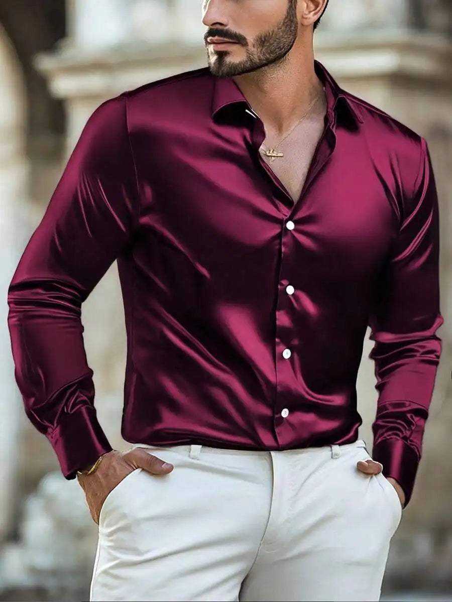 Men's Satin Solid Color Long Sleeve Dress Shirt for Fall