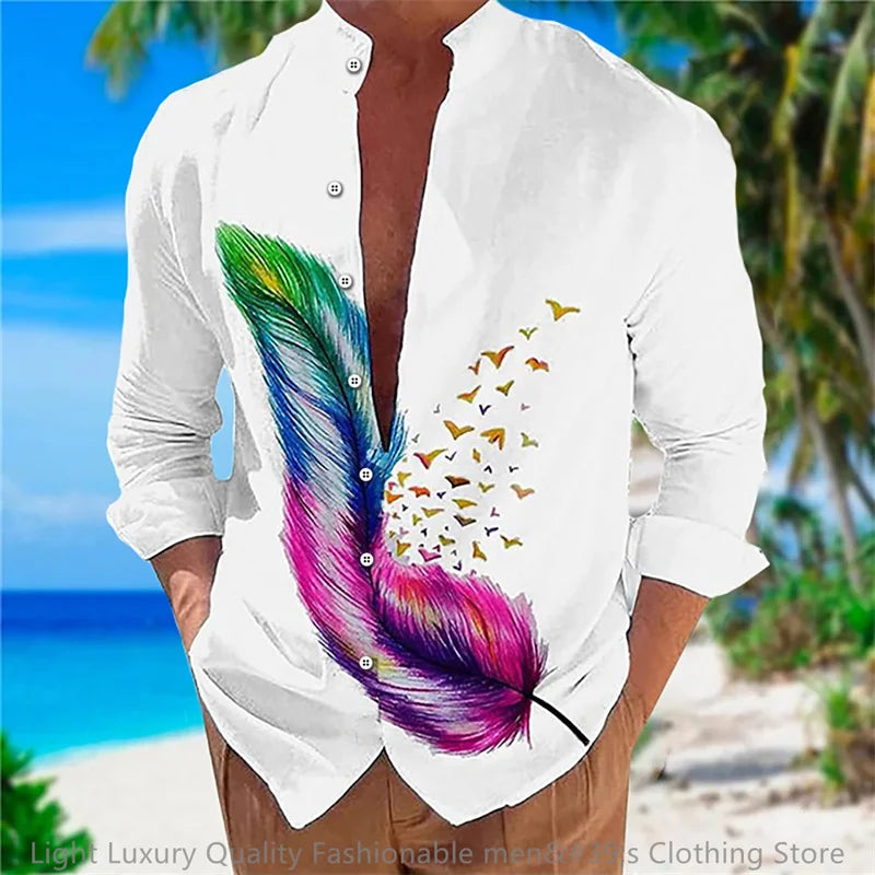 3D Floral Print Shirt - Long Sleeve Mandarin Collar