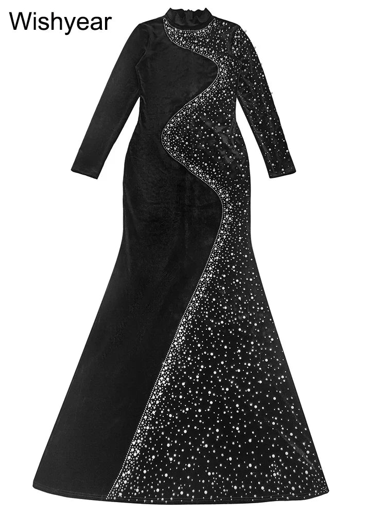 Luxury Diamond Embellished Mermaid Gown - Long Sleeve Evening Dress