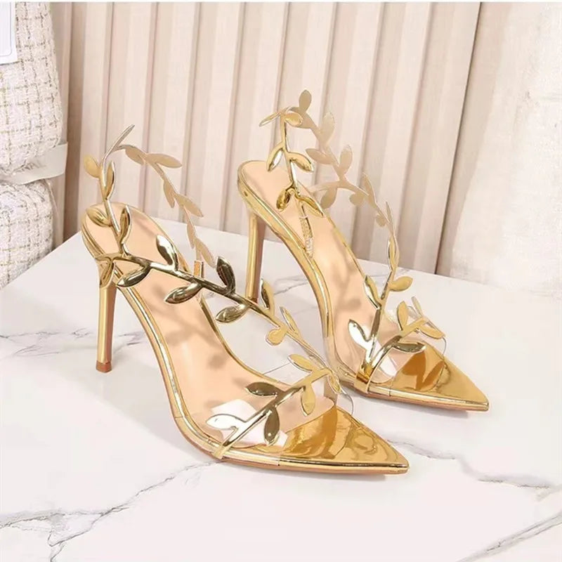 Gold Leaf Leather Gladiator Sandals - Pointed Toe High Heels