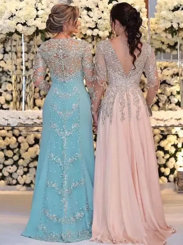 Sparkling Sequin Elegant Evening Gown Long Sleeved Beaded Crystal Bridal Gown Formal Ball Gown Customized