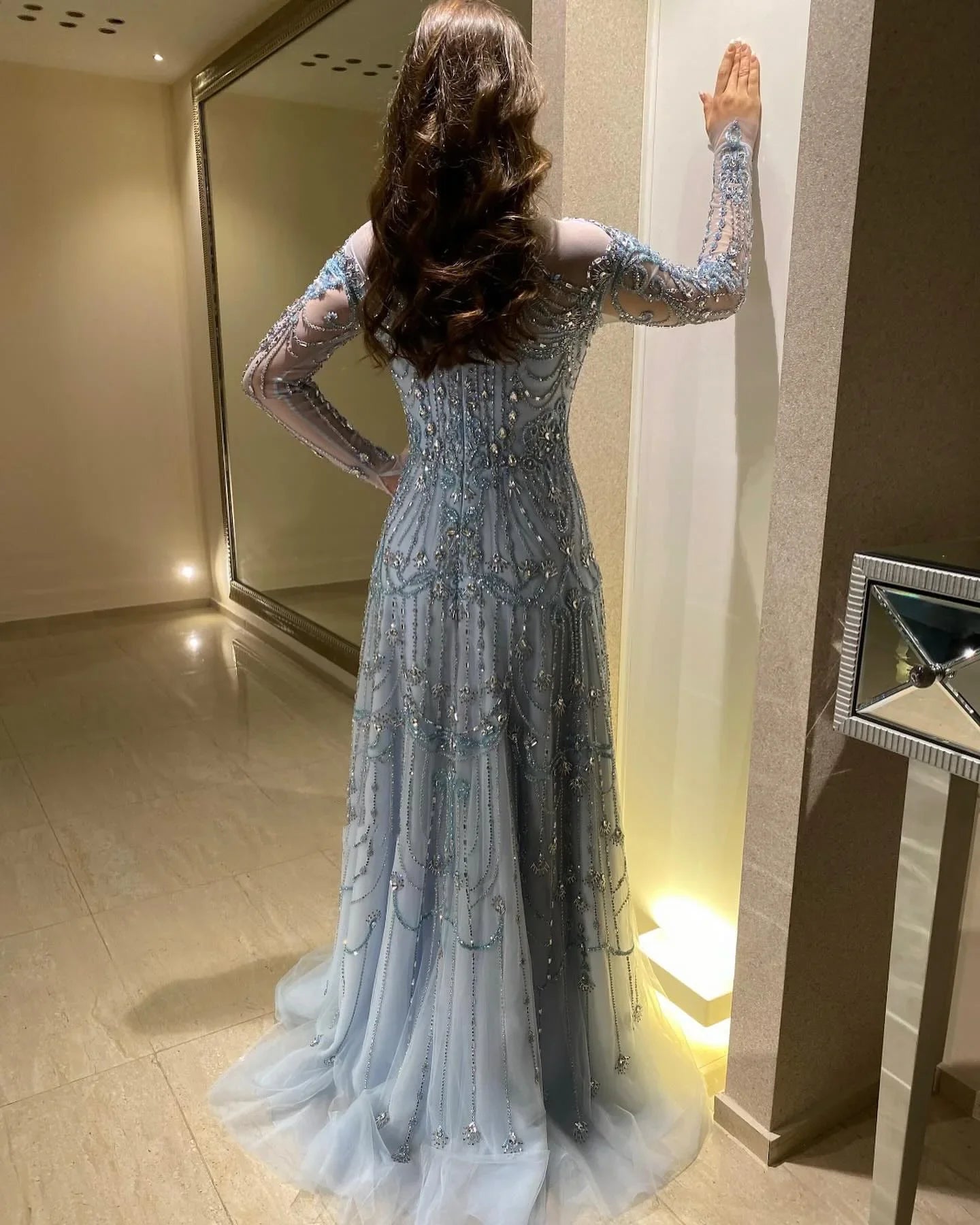 Beaded Evening Dress - Long Sleeve High Neck Gown