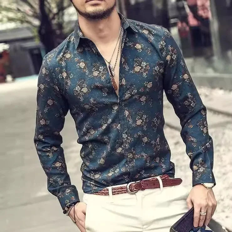 Floral Print Men's Shirt - Slim Fit Long Sleeve