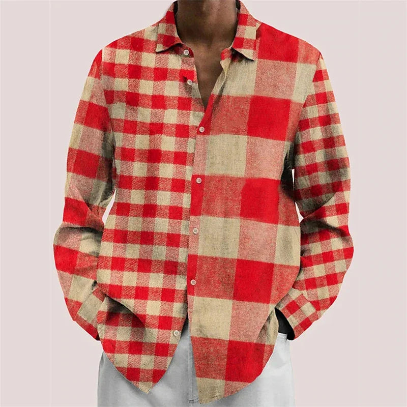 Men's Color Block Shirt - Long Sleeve Lapel Button Down