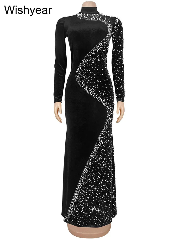 Luxury Diamond Embellished Mermaid Gown - Long Sleeve Evening Dress