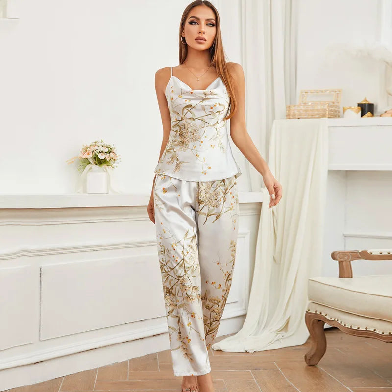 Women Pajamas Sexy Print Cherry Suspender Pijamas Suit Sleepwear Spring Summer Silk Rayon Home Clothes Sling Pants Two Piece Set