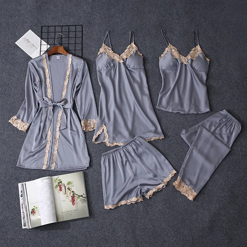 Lace 5PCS Sleepwear Nightgown Sets Bride Kimono Bathrobe Gown Satin Lady Nighty&Robe Sleep Suit Sexy Home Clothes Wedding Robe