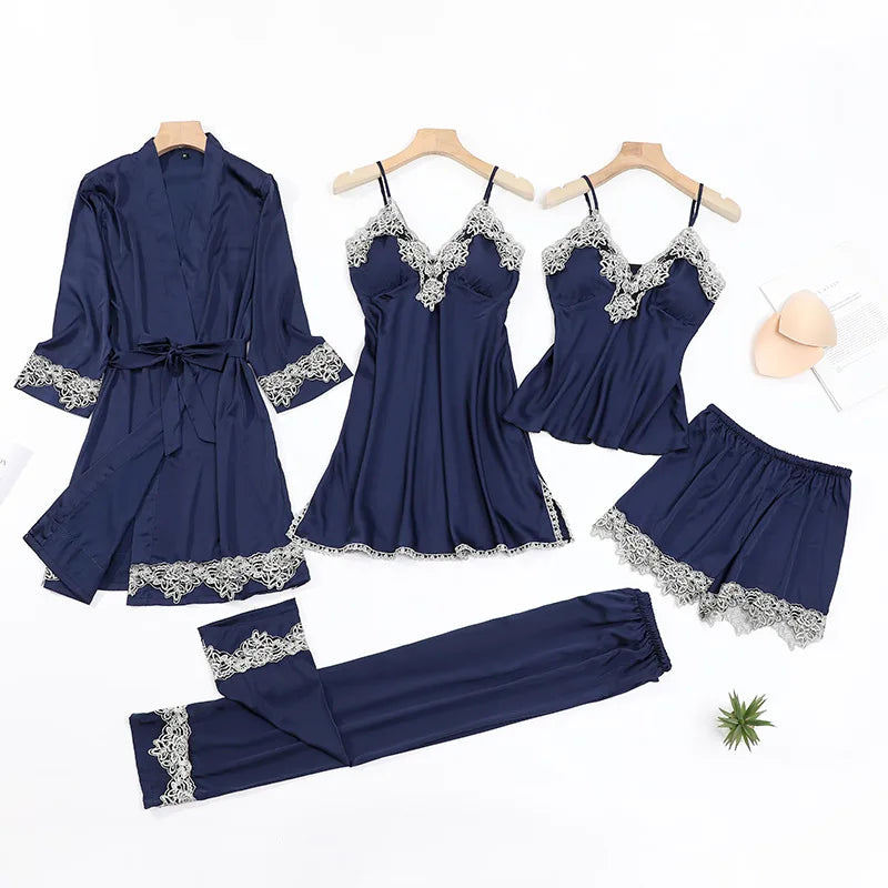 Lace 5PCS Sleepwear Nightgown Sets Bride Kimono Bathrobe Gown Satin Lady Nighty&Robe Sleep Suit Sexy Home Clothes Wedding Robe