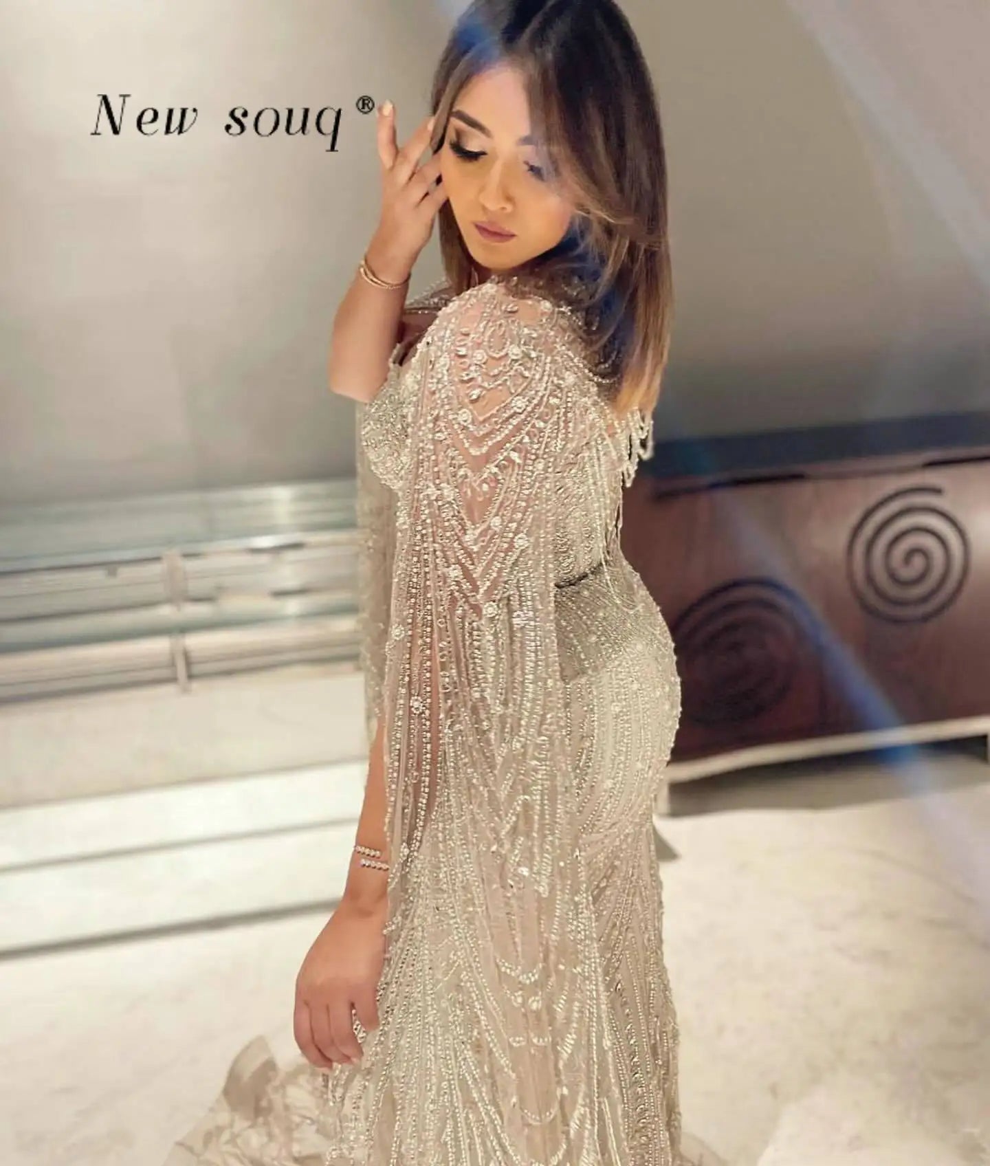Luxury Beaded Kaftan Party Dress with Cape Sleeve – Plus Size Wedding Gown