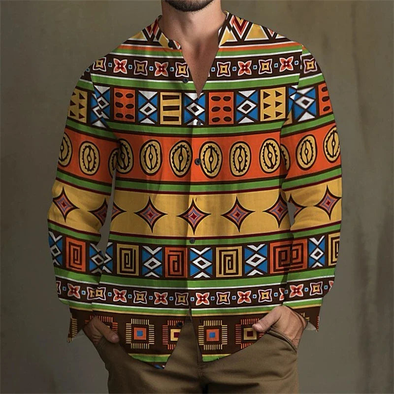 Men's Color Block Shirt - Long Sleeve Lapel Button Down