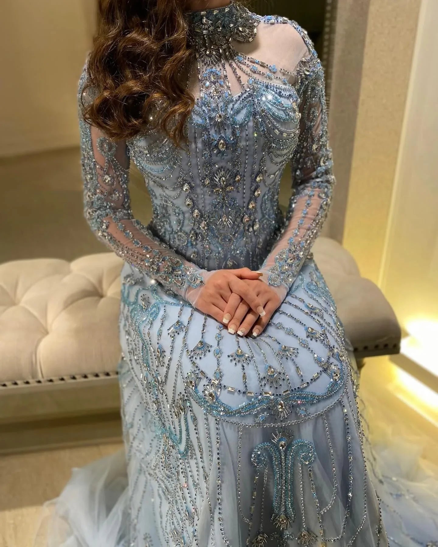 Beaded Evening Dress - Long Sleeve High Neck Gown