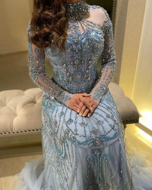 Beaded Evening Dress - Long Sleeve High Neck Gown