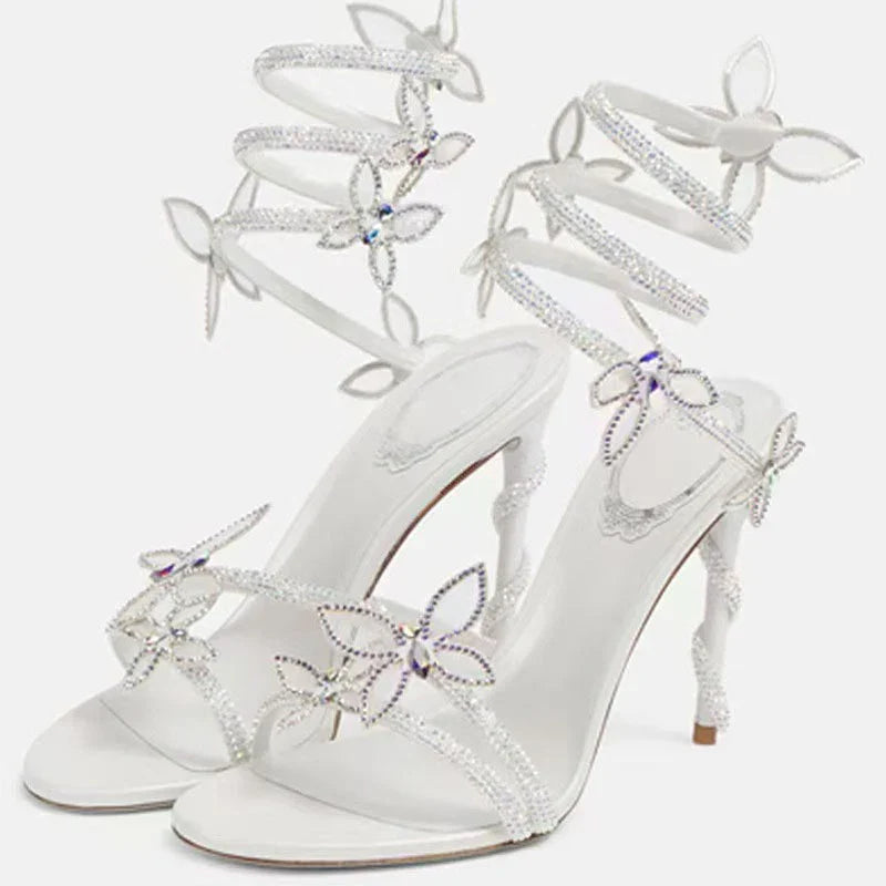 Crystal Flower Thin High Heel Sandals - Ankle Strap Stilettos