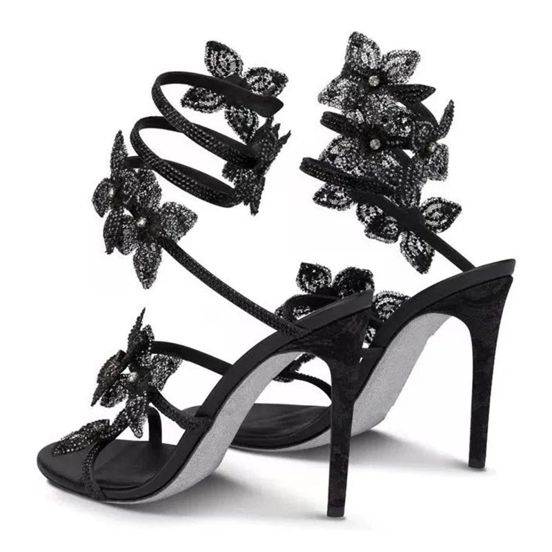 Crystal Flower Thin High Heel Sandals - Ankle Strap Stilettos