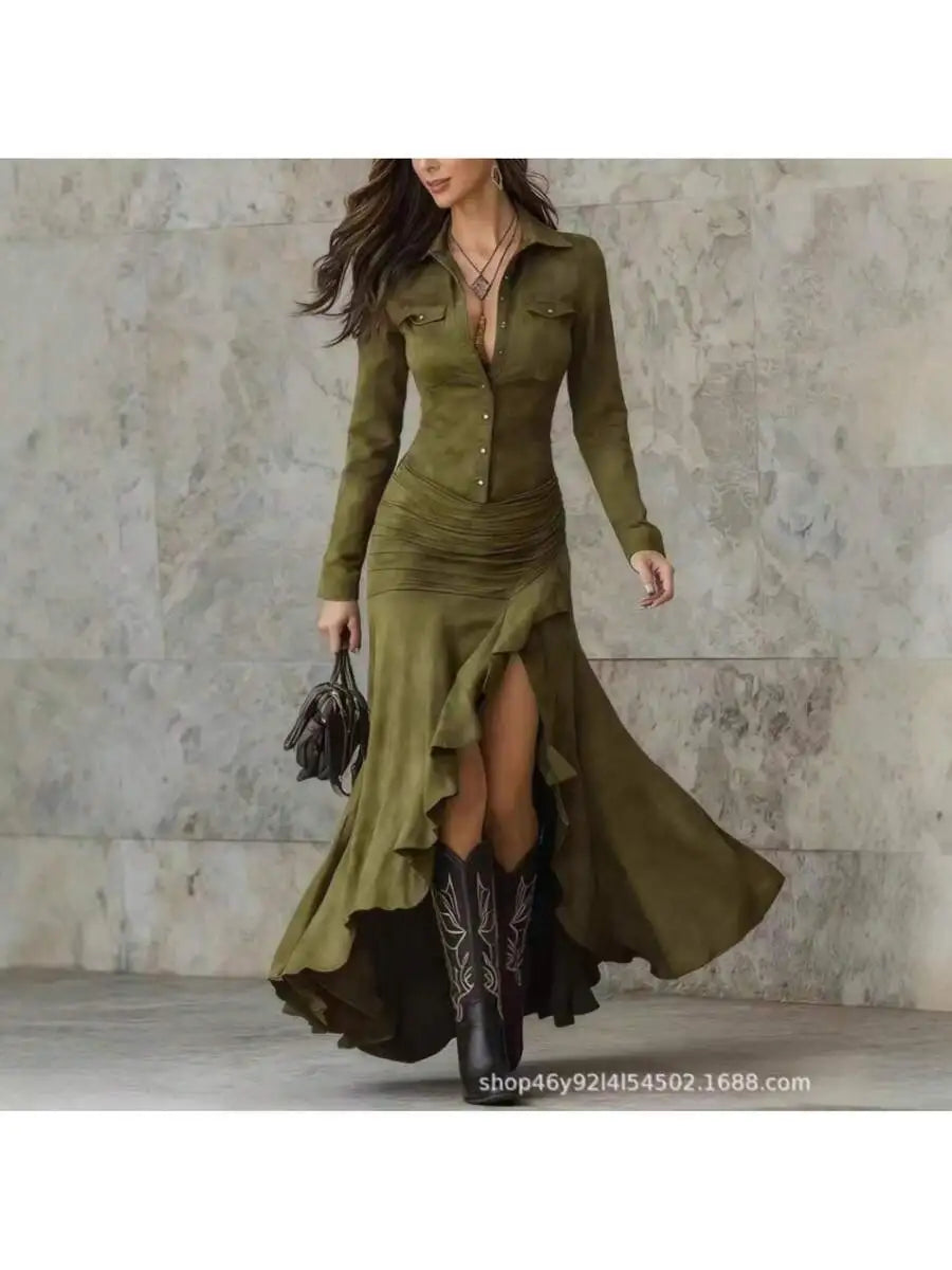 Suede Maxi Dress - Button Front with High Slit