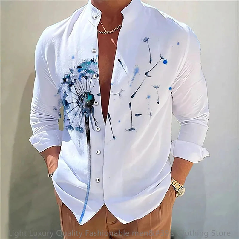 3D Floral Print Shirt - Long Sleeve Mandarin Collar