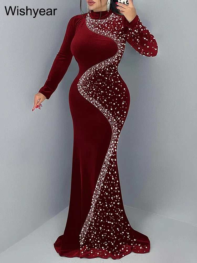 Luxury Diamond Embellished Mermaid Gown - Long Sleeve Evening Dress