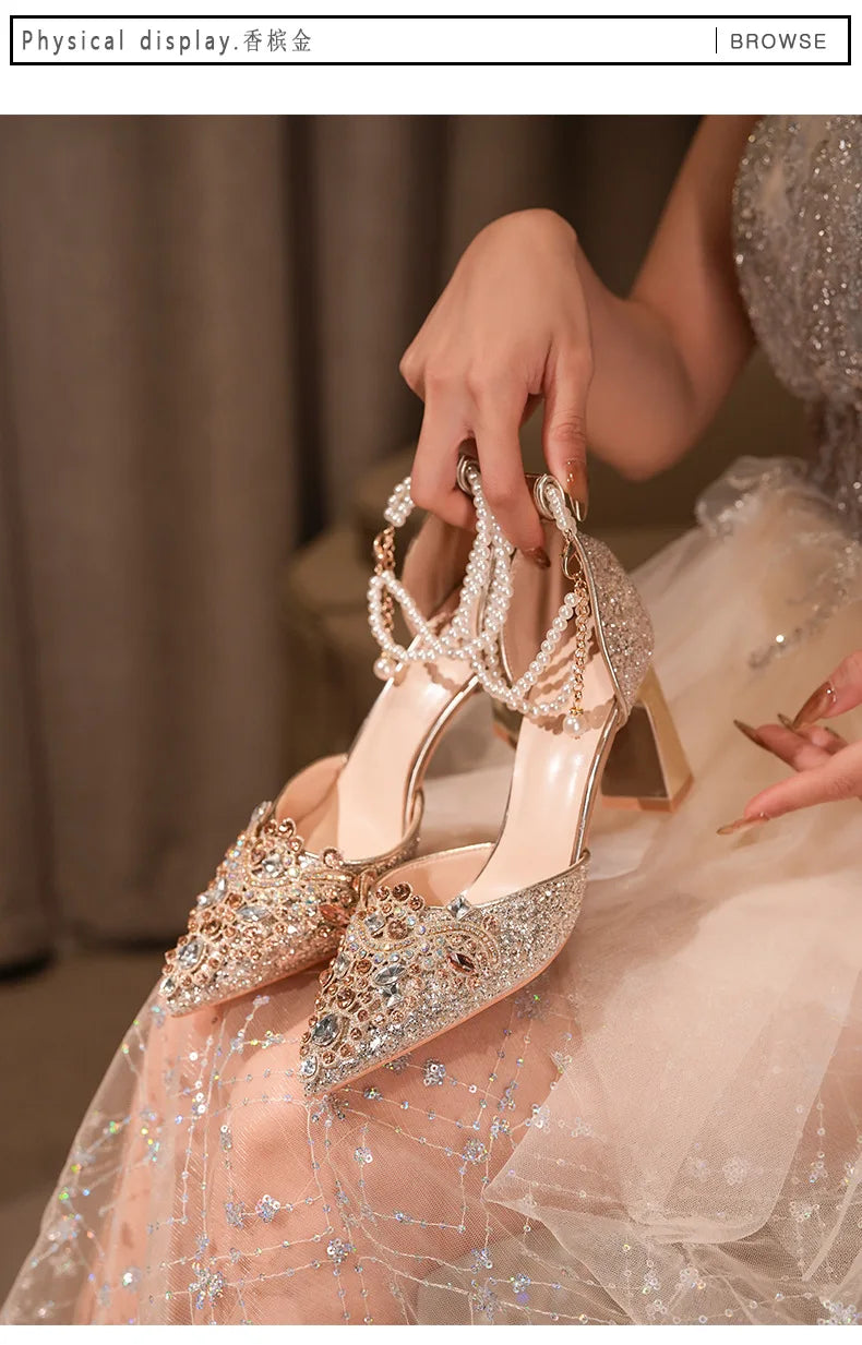 Golden Crystal Wedding Stilettos - Rhinestone Ankle Strap Heels