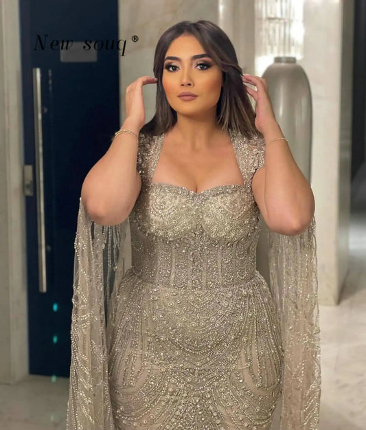 Luxury Beaded Kaftan Party Dress with Cape Sleeve – Plus Size Wedding Gown