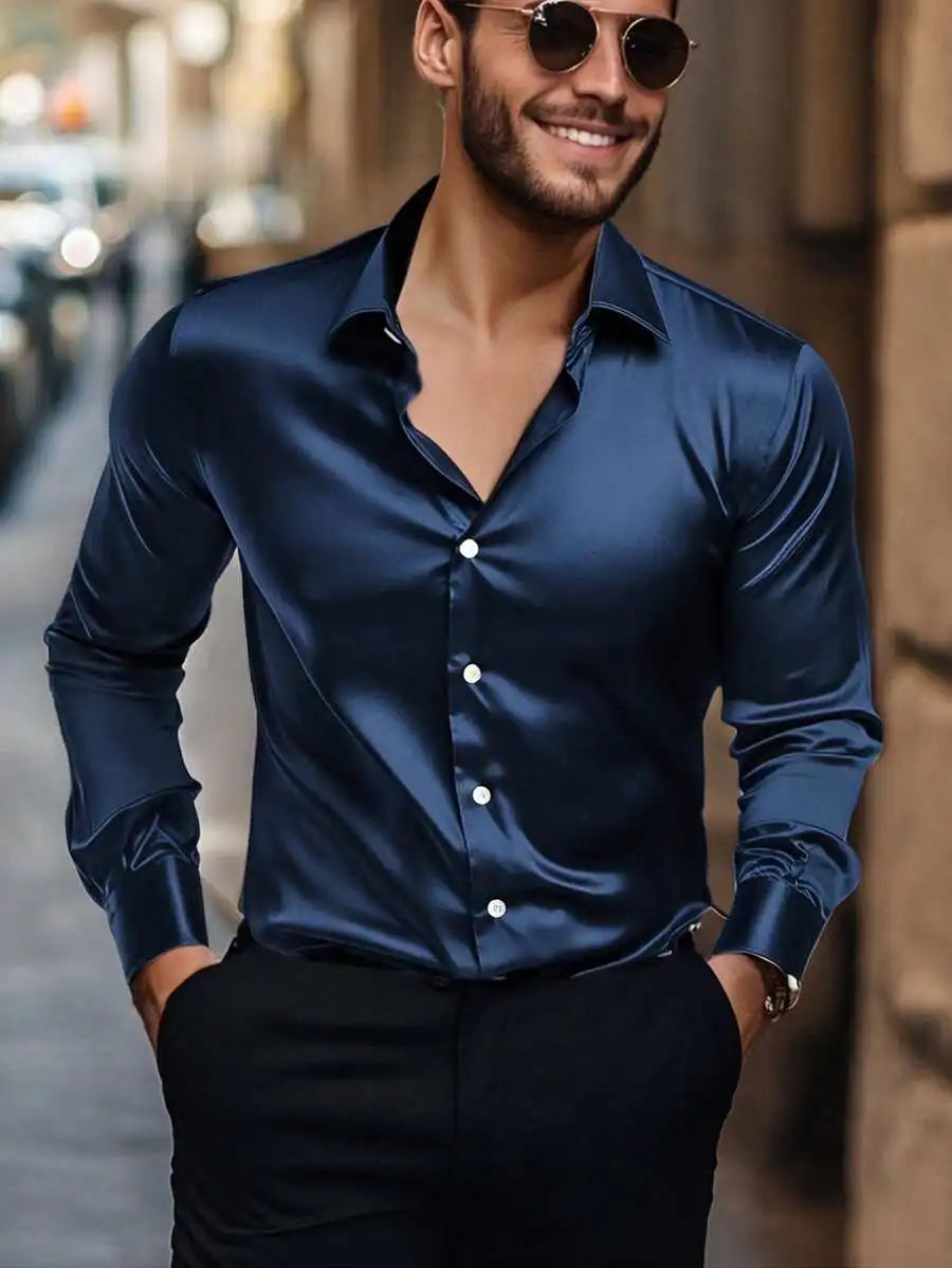 Men's Satin Solid Color Long Sleeve Dress Shirt for Fall