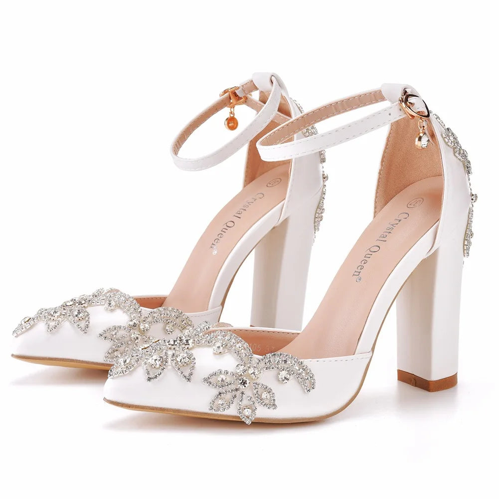 Rhinestone Thick Heel Wedding Sandals - Pointed Toe Bridal Shoes