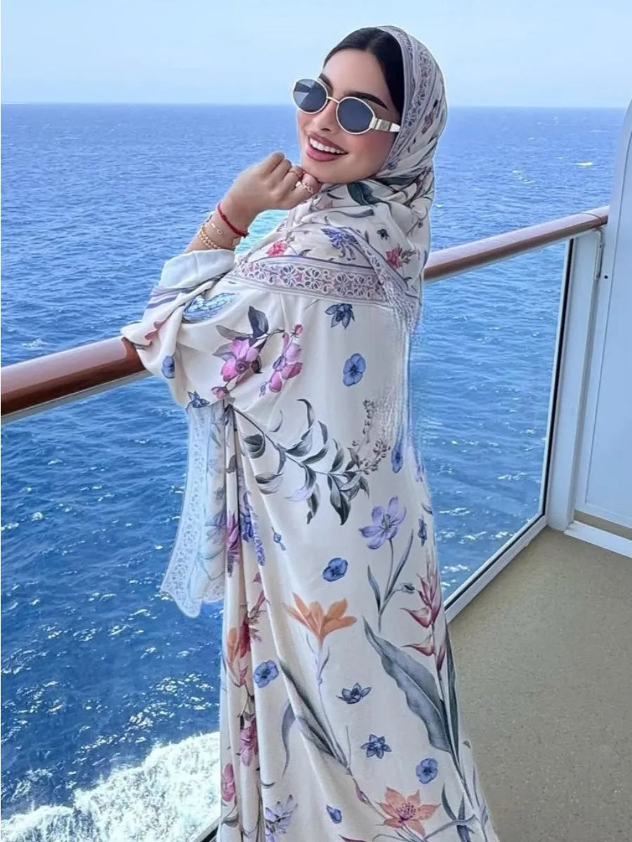 Floral Print Abaya - Cardigan Dress