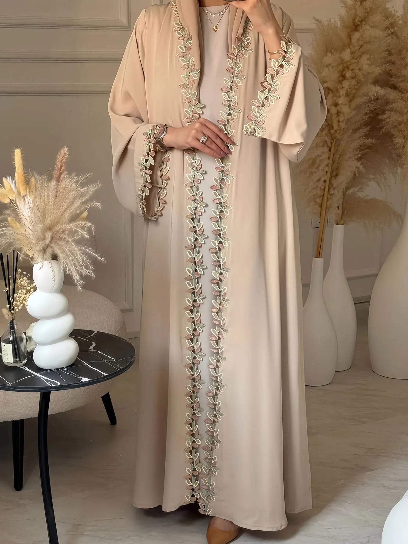 Embroidered Beige Abaya - Modest Fashion