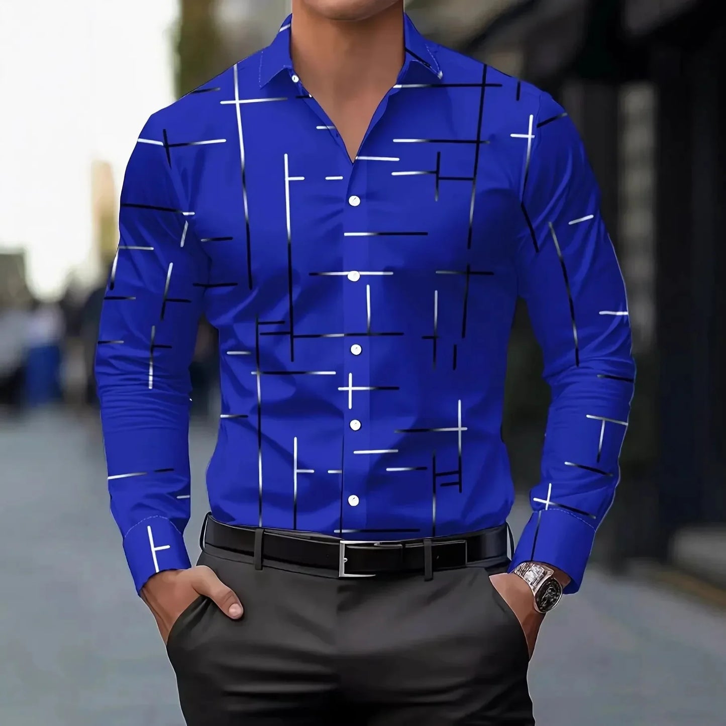 3D Print Line Pattern Shirt - Stand Collar